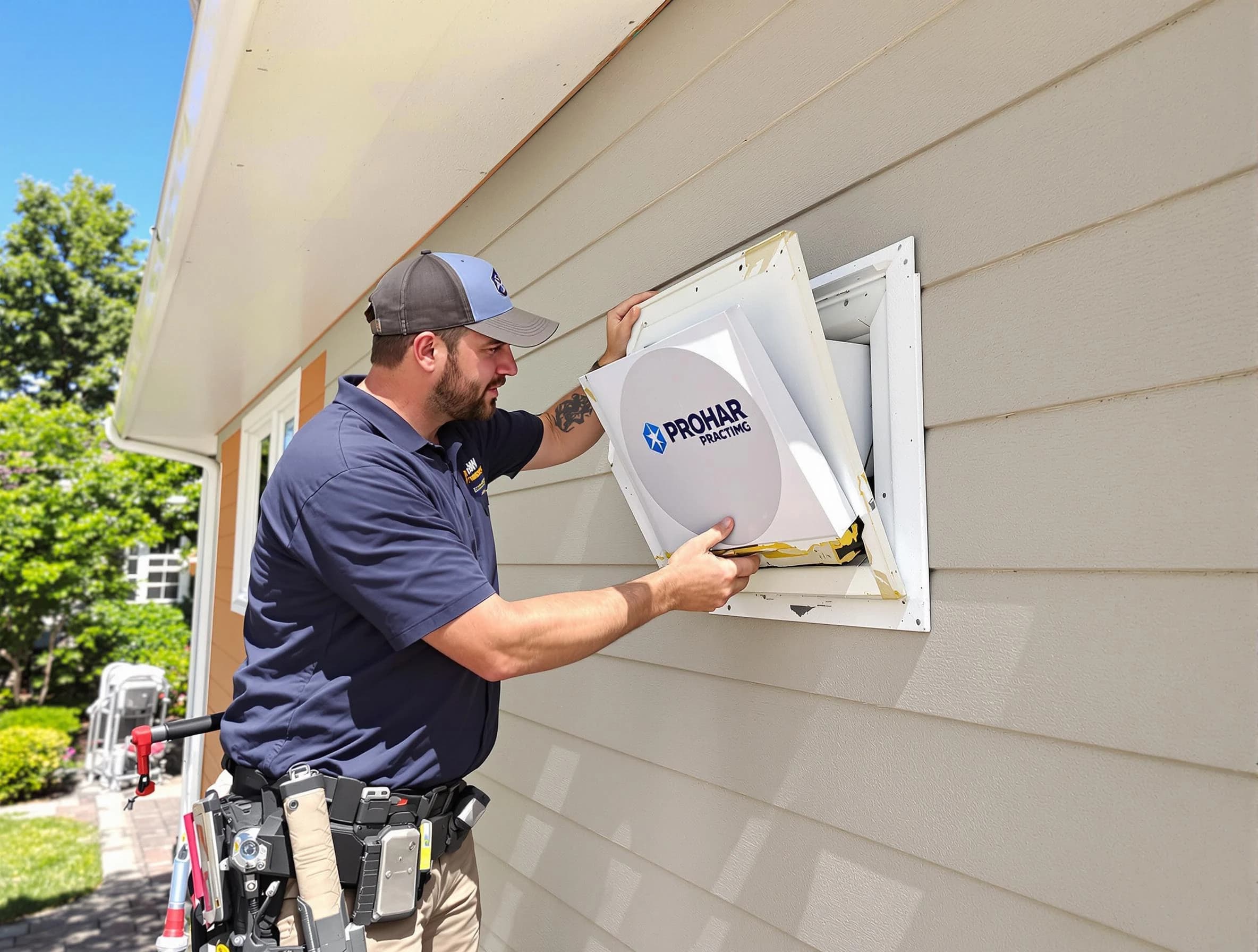 Louisville Dryer Vent Cleaning technician installing a new protective dryer vent cover on a home in Louisville