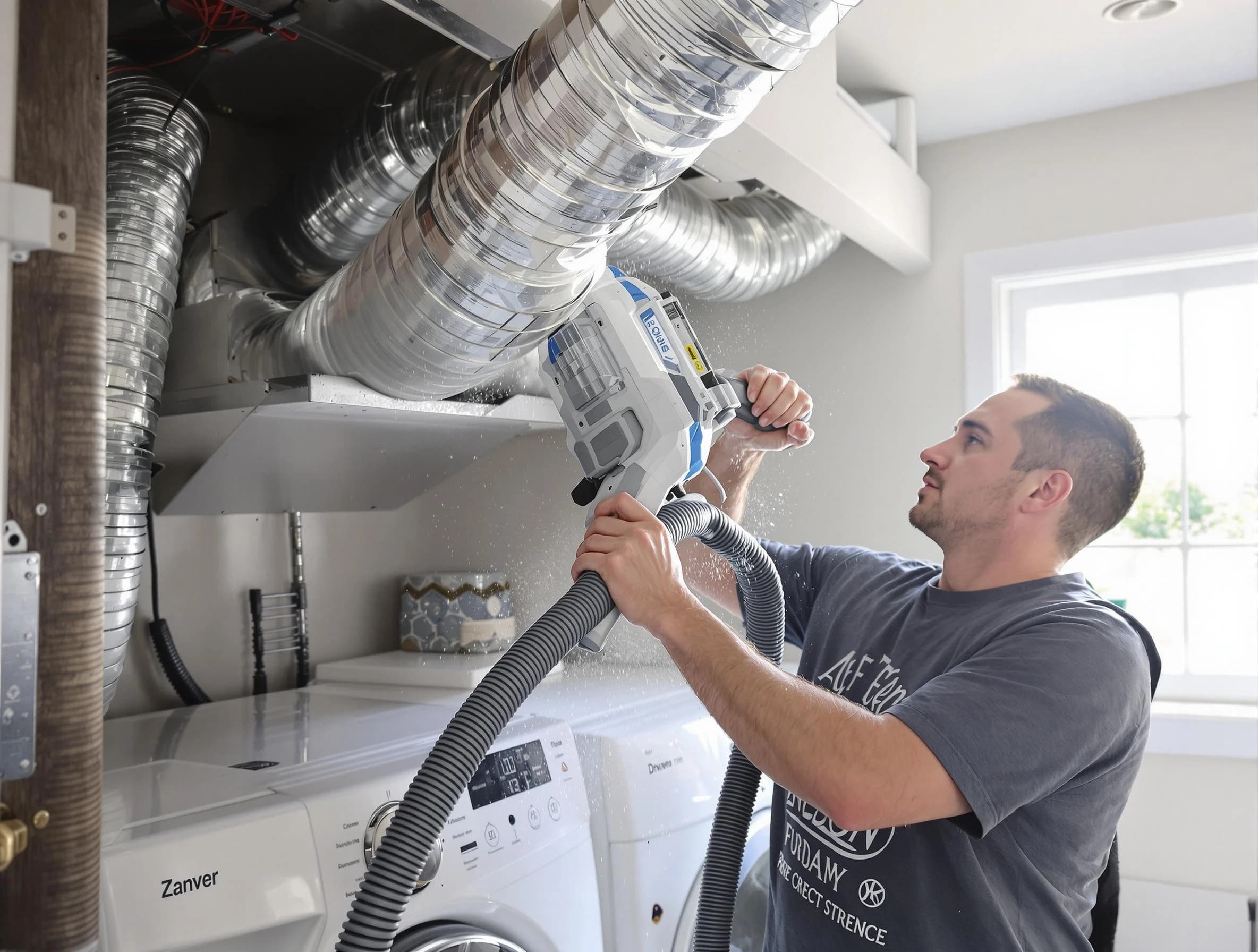 Louisville Dryer Vent Cleaning specialist cleaning deep within a dryer vent duct system in Louisville