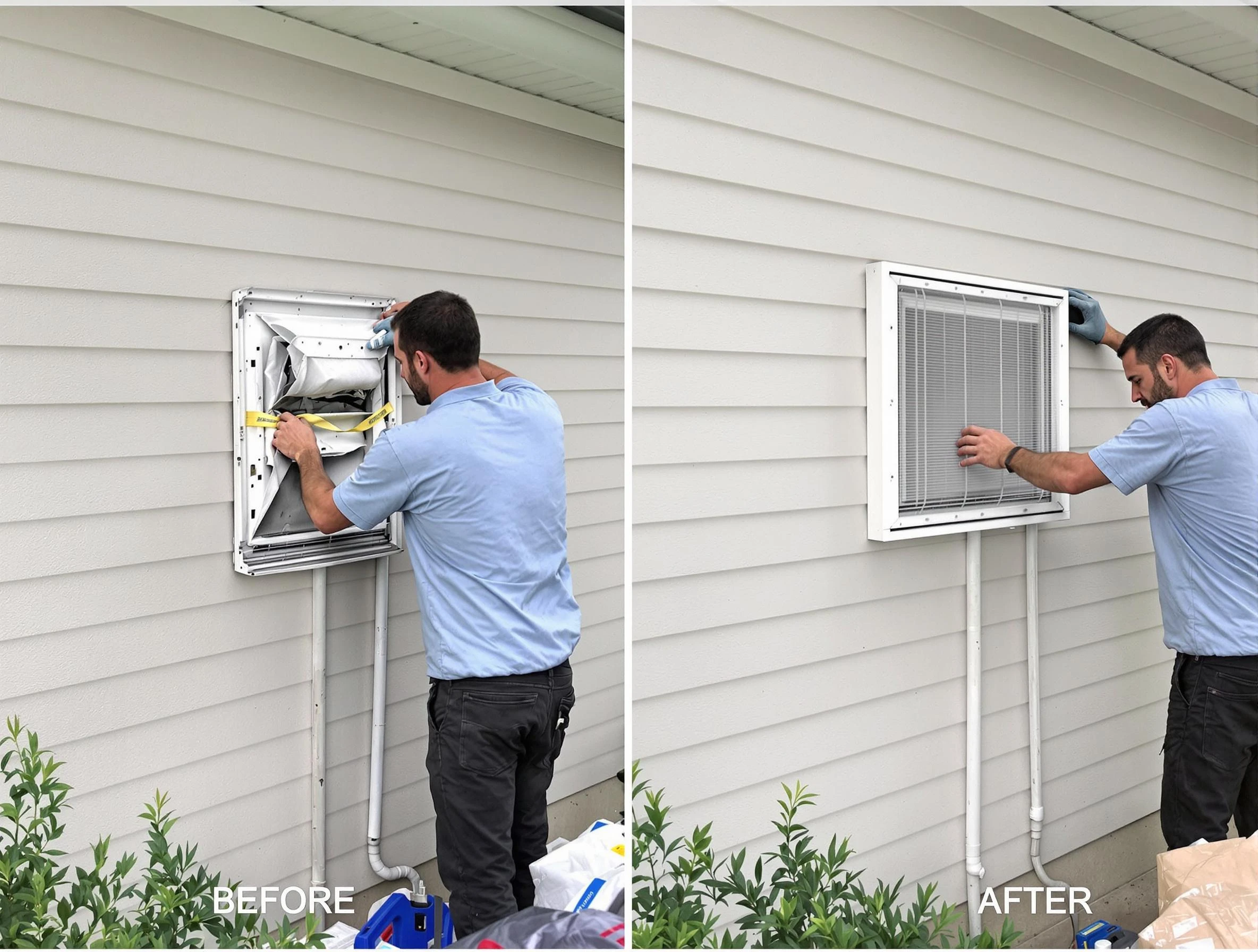 Louisville Dryer Vent Cleaning technician installing high-quality dryer vent cover at a residential property in Louisville